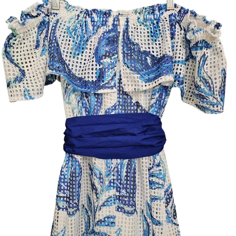 Nwt Lilly Pulitzer Sona White/Blue Floral Off Shoulder Tiered Mesh Midi Dress - Picture 11 of 17